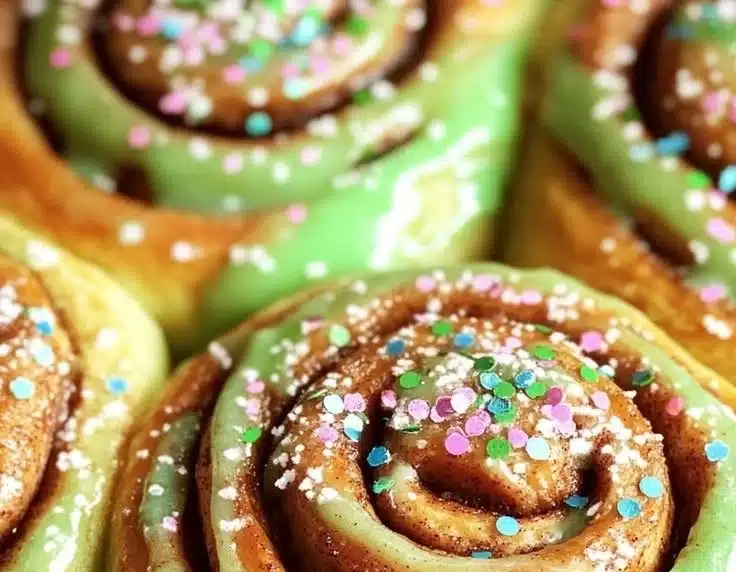Delicious St. Patrick's Day cinnamon rolls in vibrant green icing.