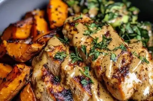 Maple Dijon Chicken served in a bowl with sweet potatoes
