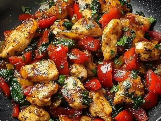 Mediterranean Chicken Stir Fry with colorful vegetables in a pan