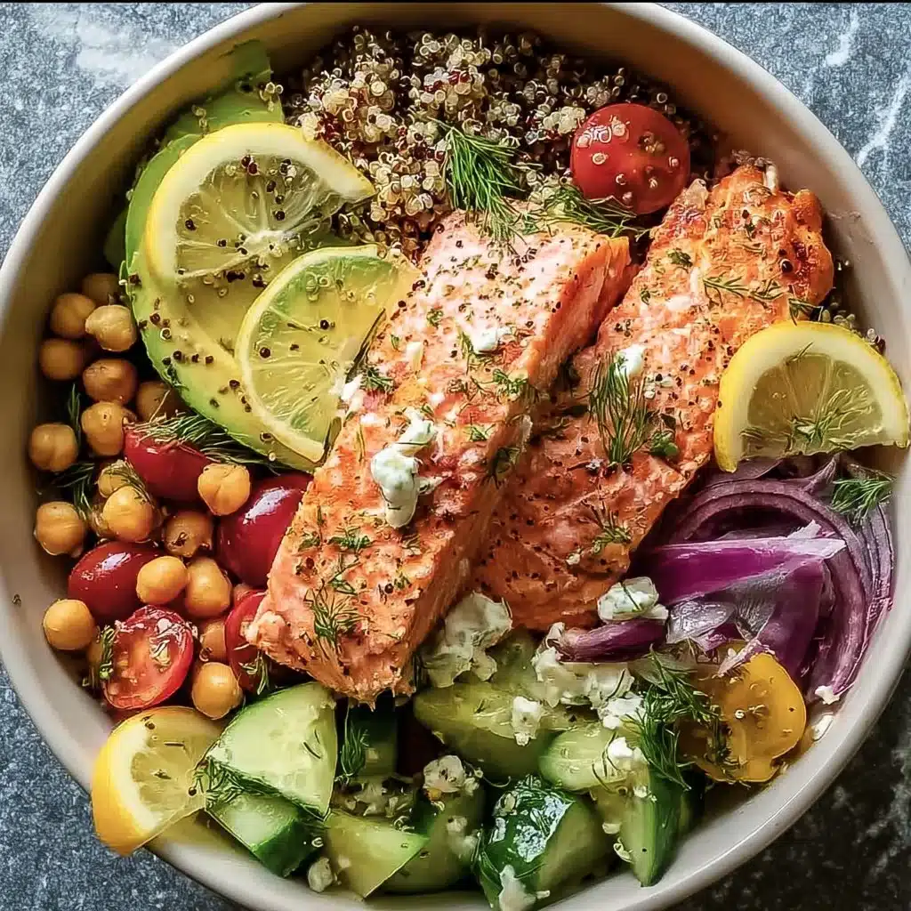 Mediterranean Salmon Bowl with fresh vegetables and grains for a healthy meal