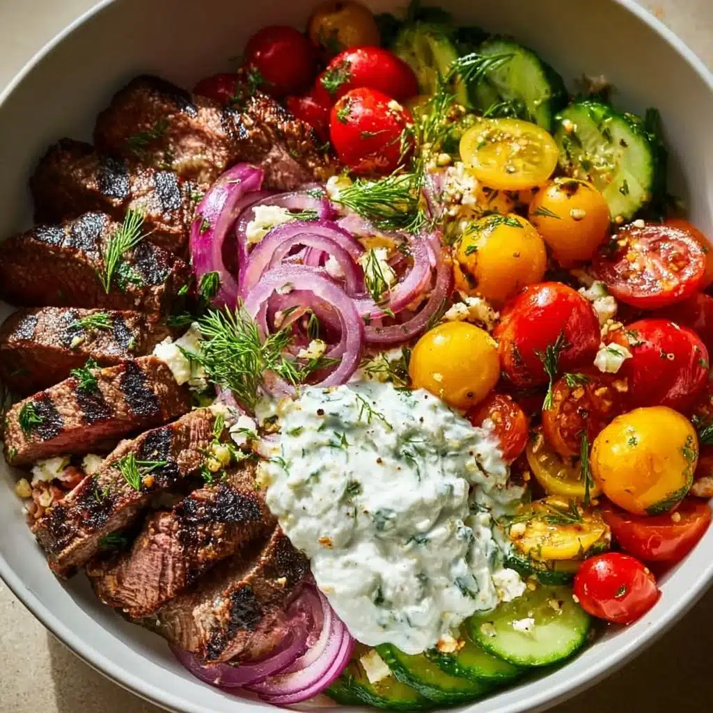 Delicious Mediterranean steak bowl with grilled beef and fresh vegetables