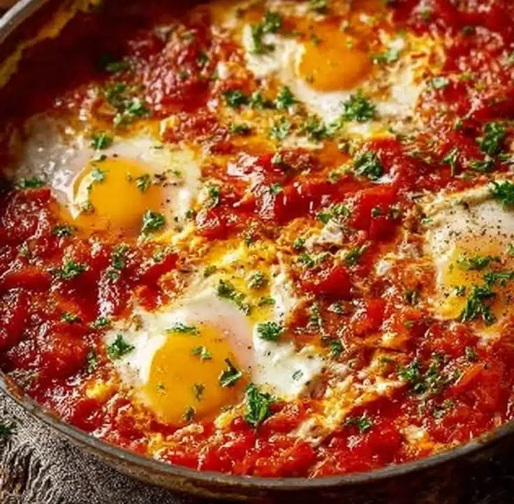 Serving of Menemen, a traditional Turkish dish with eggs and tomatoes