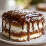 No-bake chocolate eclair cake topped with chocolate frosting and whipped cream