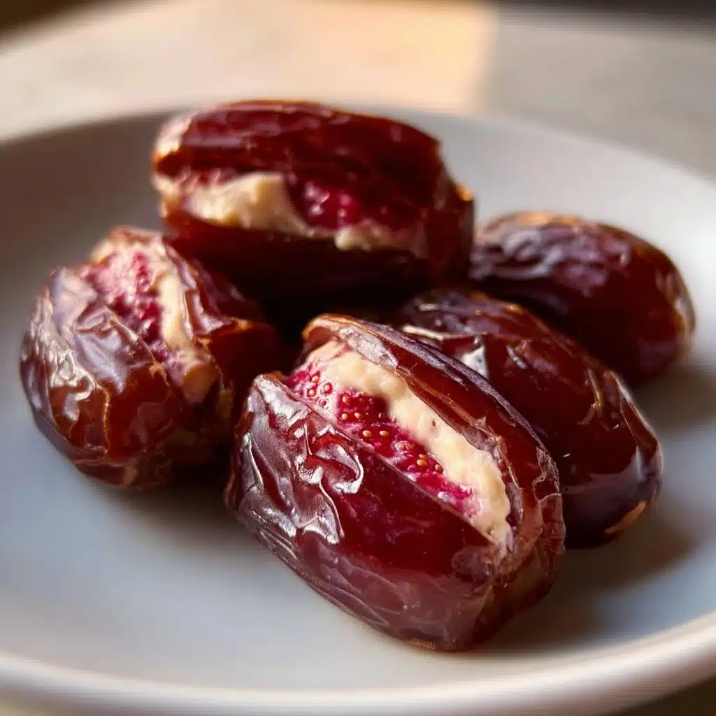 No-bake strawberry cheesecake stuffed dates on a white plate