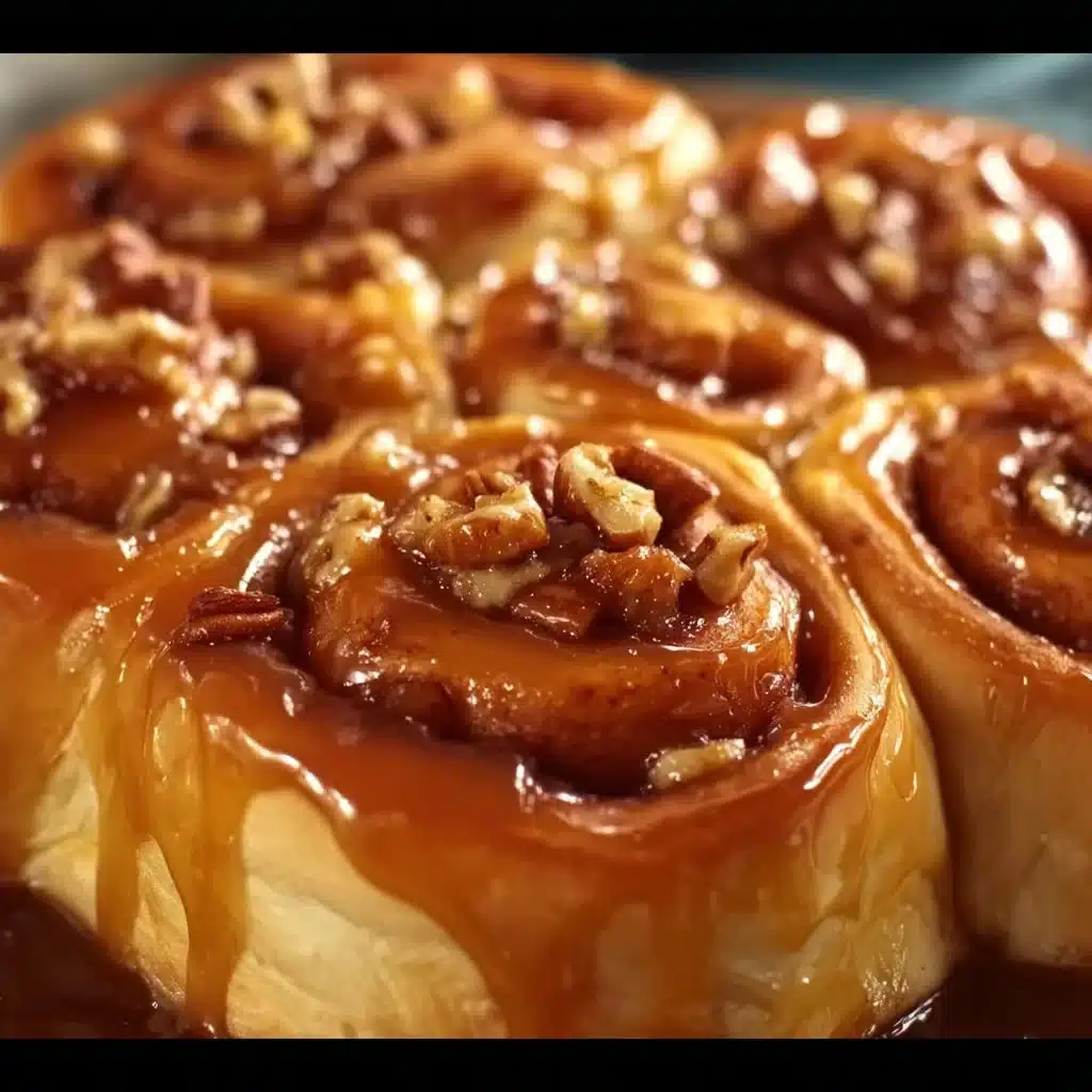 Freshly baked old-fashioned caramel rolls drizzled with gooey caramel sauce