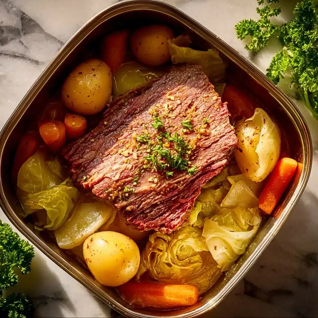 Delicious one pot corned beef and cabbage served in a rustic dish.