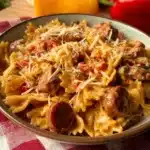 Delicious creamy Cajun sausage pasta in a bowl, garnished with parsley.