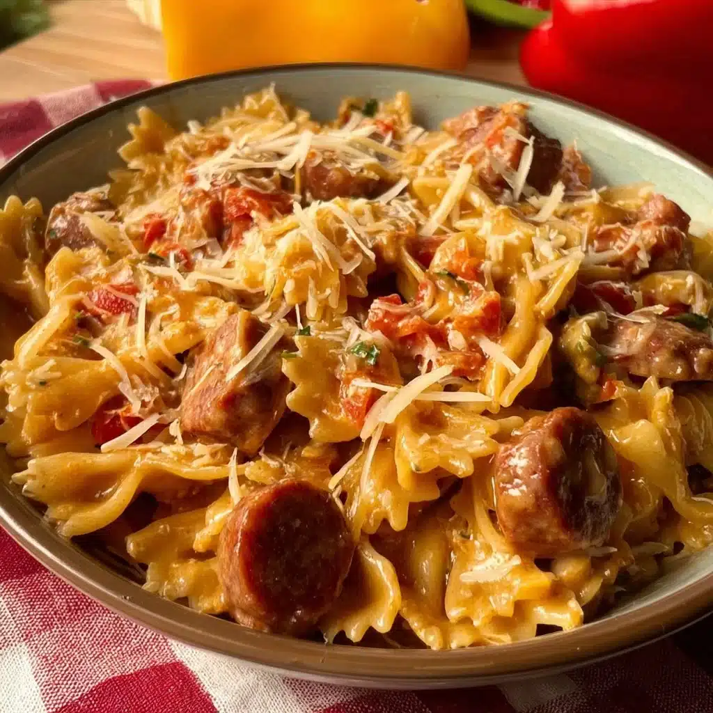 Delicious creamy Cajun sausage pasta in a bowl, garnished with parsley.