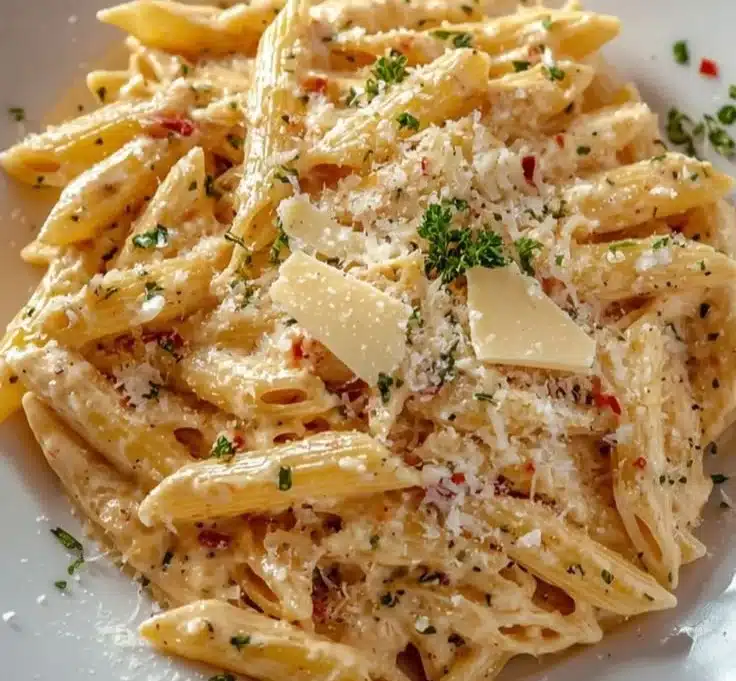 A bowl of delicious One Pot Creamy Garlic Pasta topped with herbs.