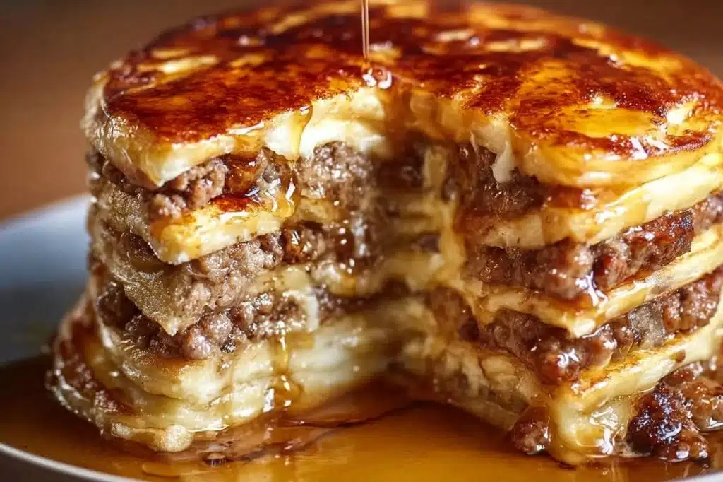 Delicious pancake sausage casserole baked to perfection in layered breakfast lasagna style.