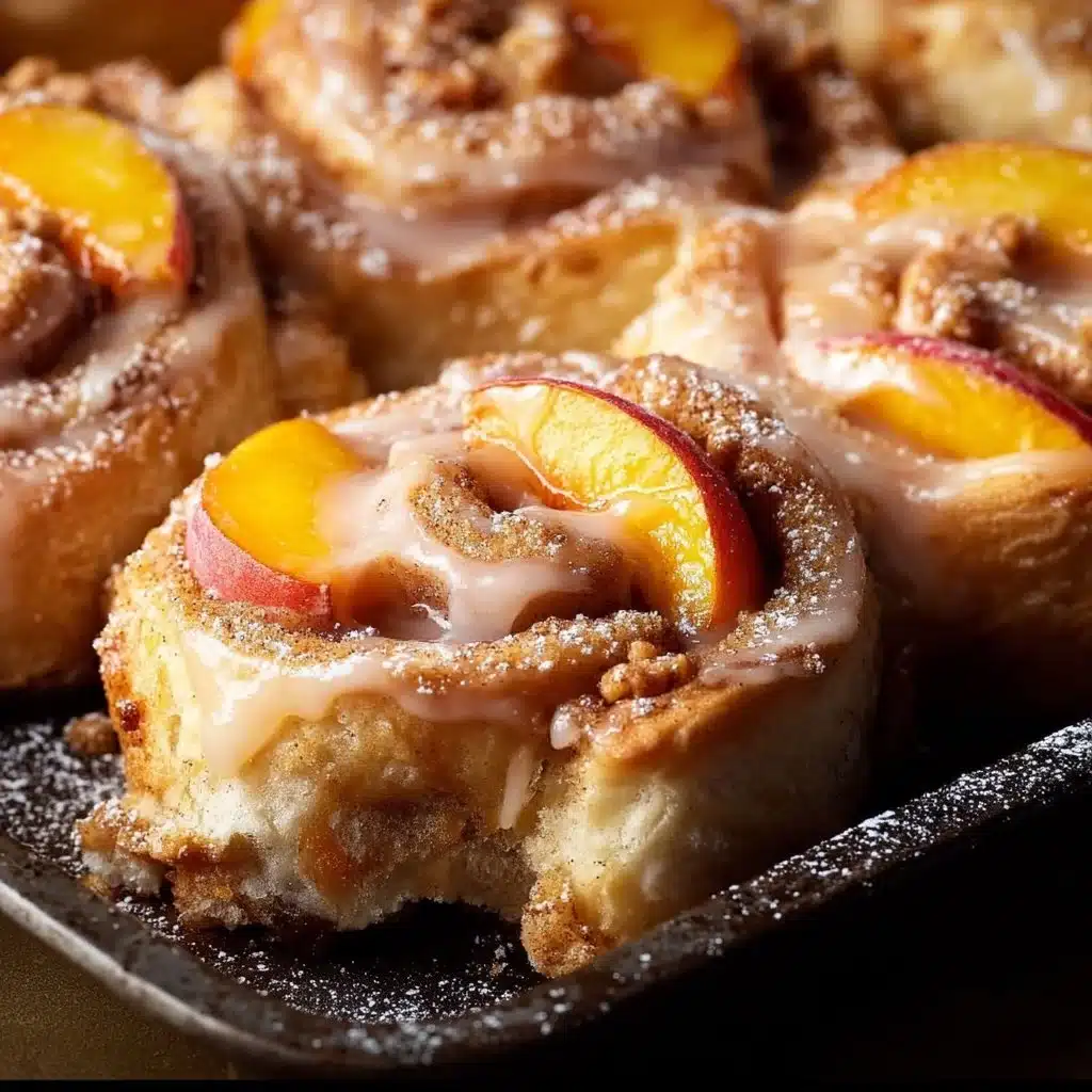 Delicious Peach Cobbler Cinnamon Rolls topped with cinnamon glaze
