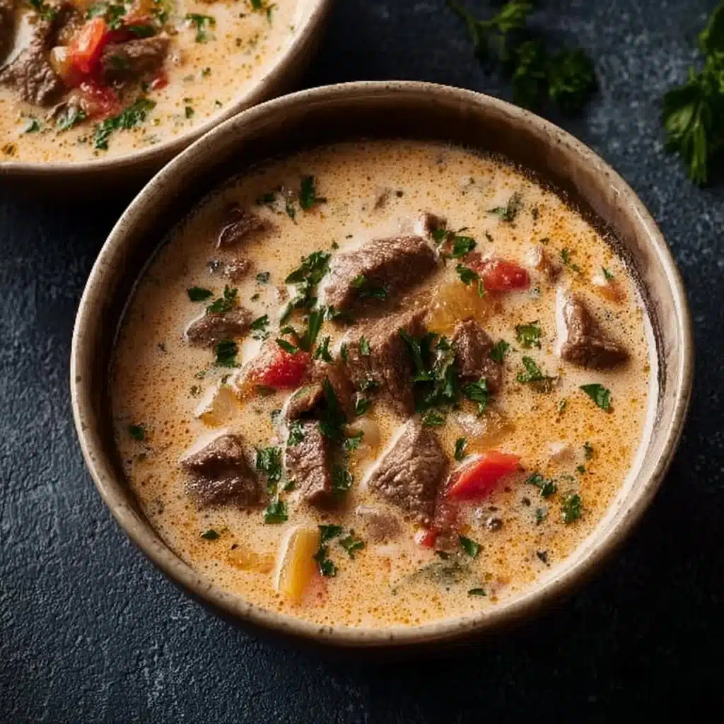 Bowl of delicious Philly cheese steak soup topped with cheese and herbs.