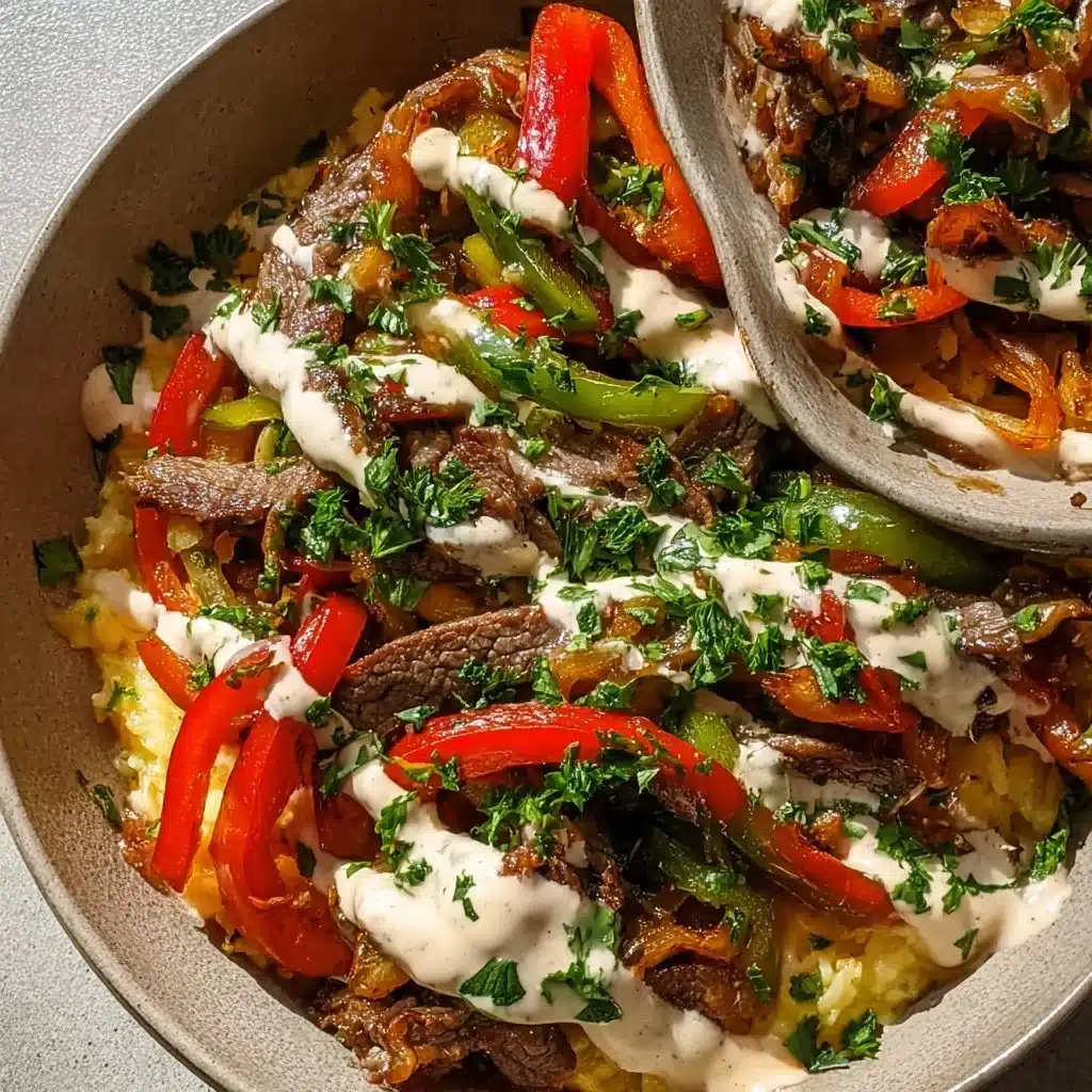 Delicious Philly Cheesesteak Bowl with steak, peppers, and cheese