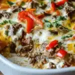 Delicious Philly Cheesesteak Skillet with steak, peppers, and cheese