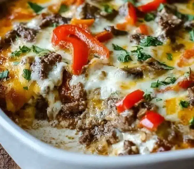 Delicious Philly Cheesesteak Skillet with steak, peppers, and cheese