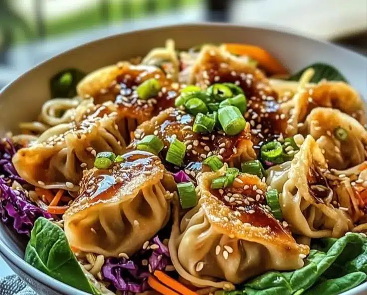Delicious potsticker noodle bowls with fresh ingredients and savory sauce.