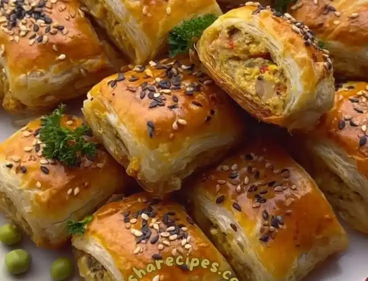 Golden puff pastry filled with tender chicken and herbs, ideal for dinner.