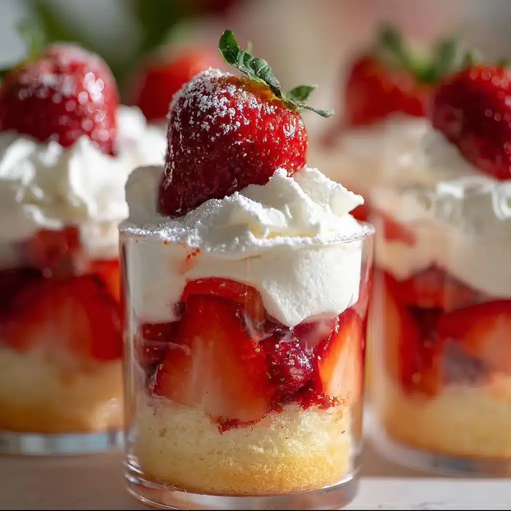 Delicious quick strawberry shortcake cups topped with fresh strawberries and whipped cream.
