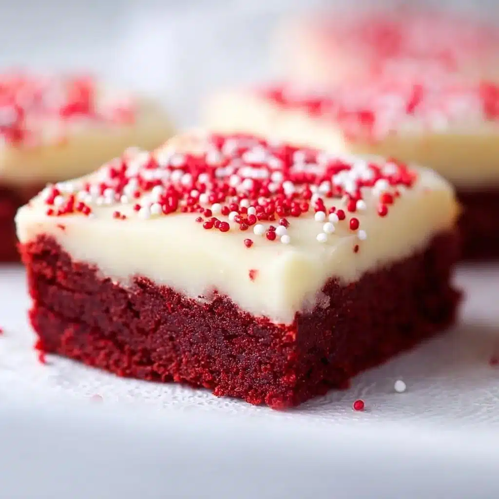 Delicious Red Velvet Cookie Bars on a wooden table, ready to serve.