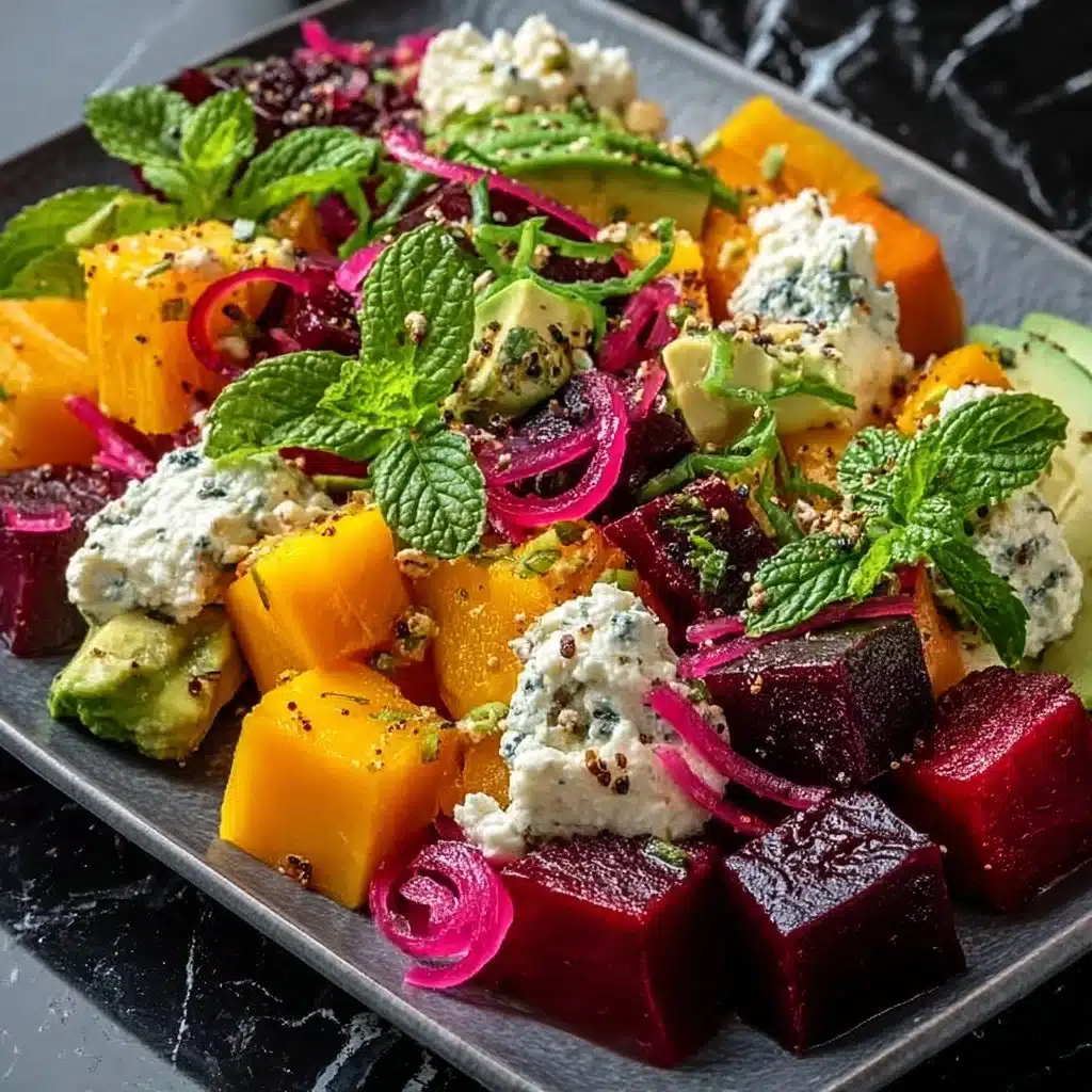 Roasted Beet, Sweet Potato & Avocado Salad with Whipped Ricotta & Lemon-Tahini Drizzle