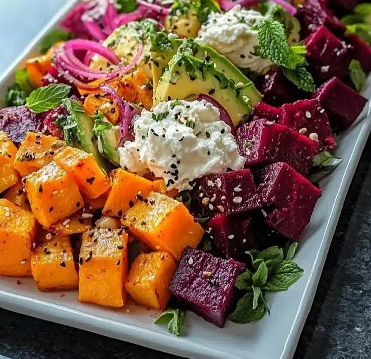 Roasted Beet, Sweet Potato & Avocado Salad with Whipped Ricotta & Lemon-Tahini Drizzle