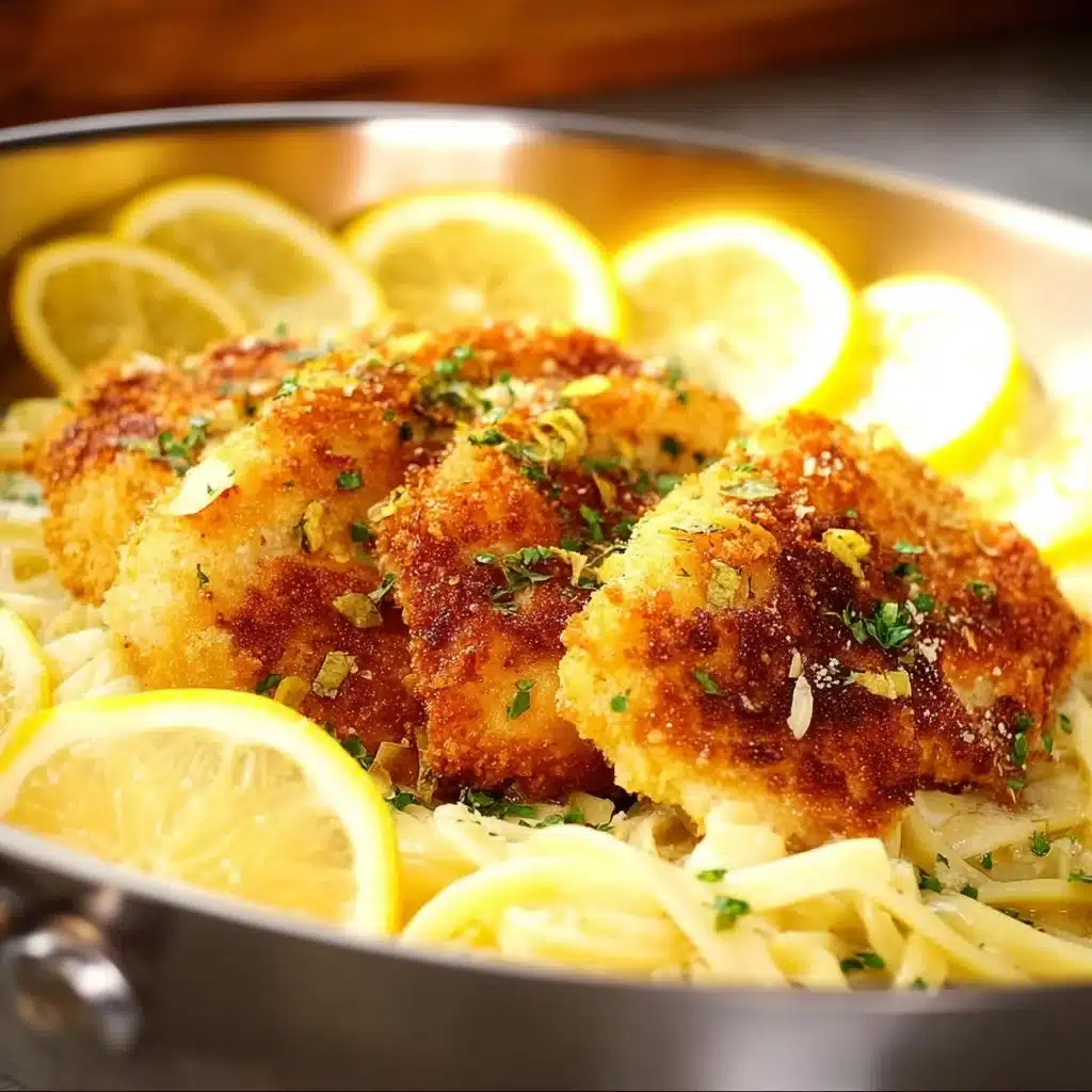 Plate of Romano Chicken served with lemon garlic pasta and fresh herbs