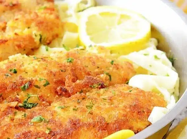 Romano Chicken with Lemon Garlic Pasta