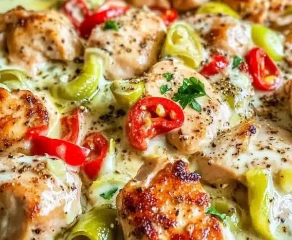 Savory pepperoncini chicken skillet dish served in a pan.