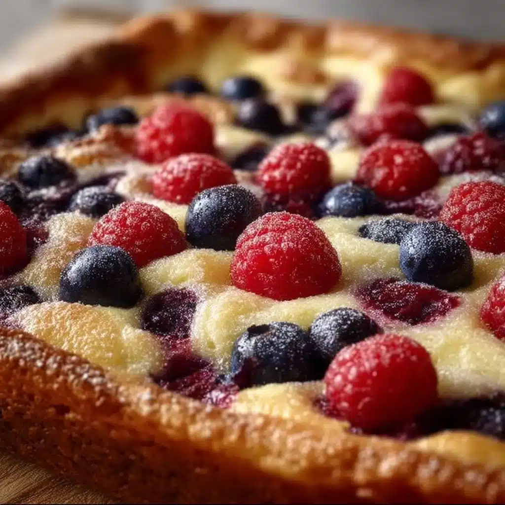 Delicious sheet pan pancake with colorful berry swirls on a baking sheet