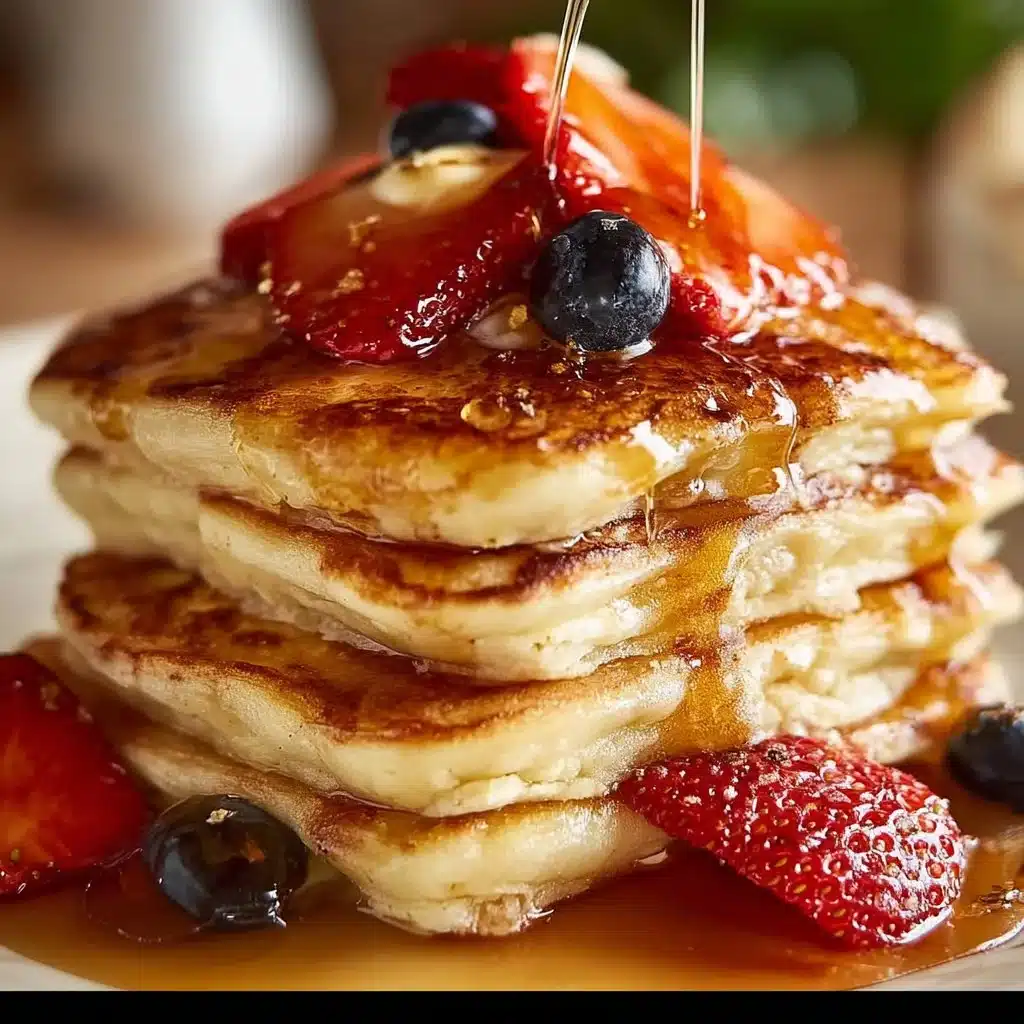Delicious golden sheet pan pancakes served with syrup and berries.