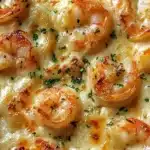 Shrimp Scampi Pasta Bake topped with cheese and herbs in a baking dish
