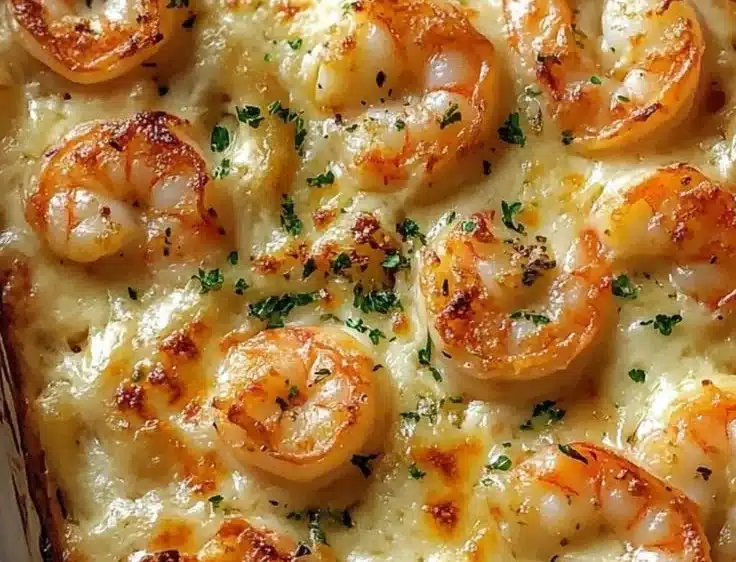 Shrimp Scampi Pasta Bake topped with cheese and herbs in a baking dish