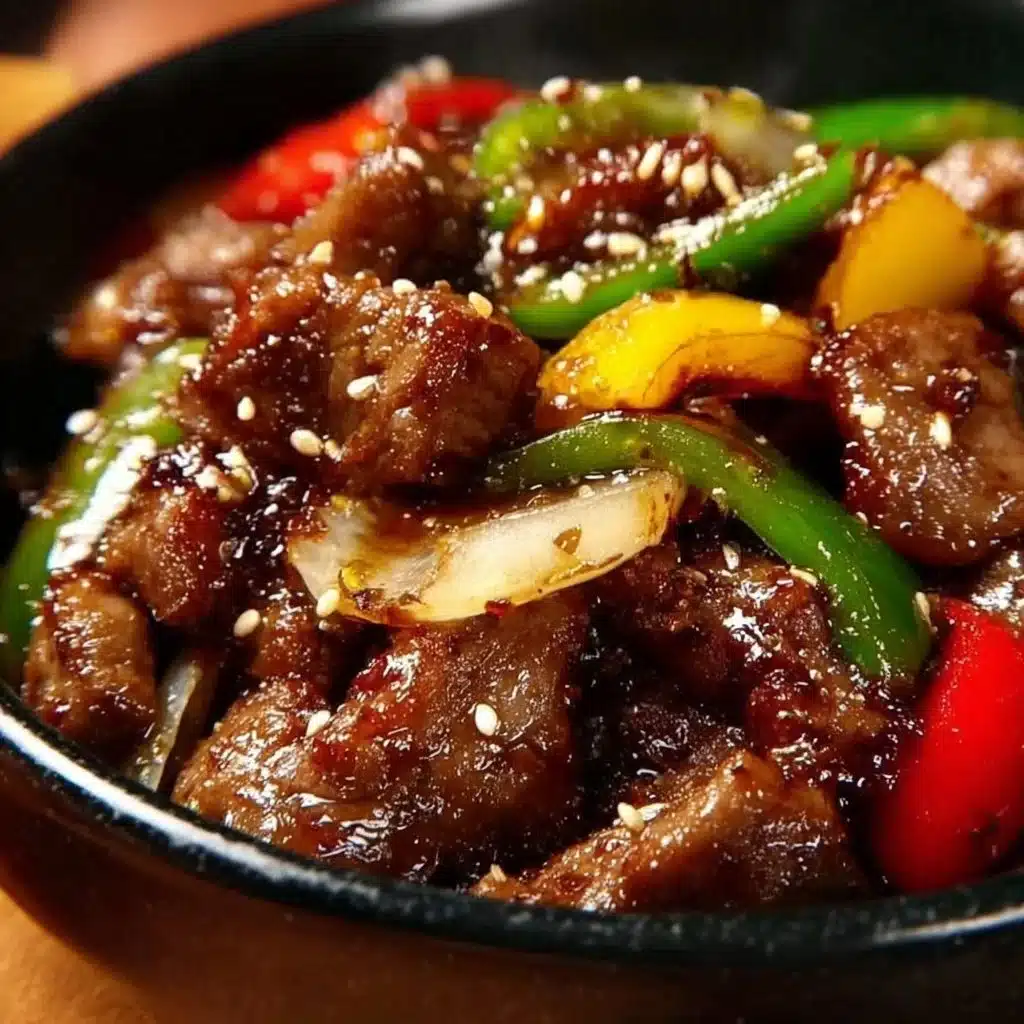 Sizzling Chinese pepper steak with onions served on a plate