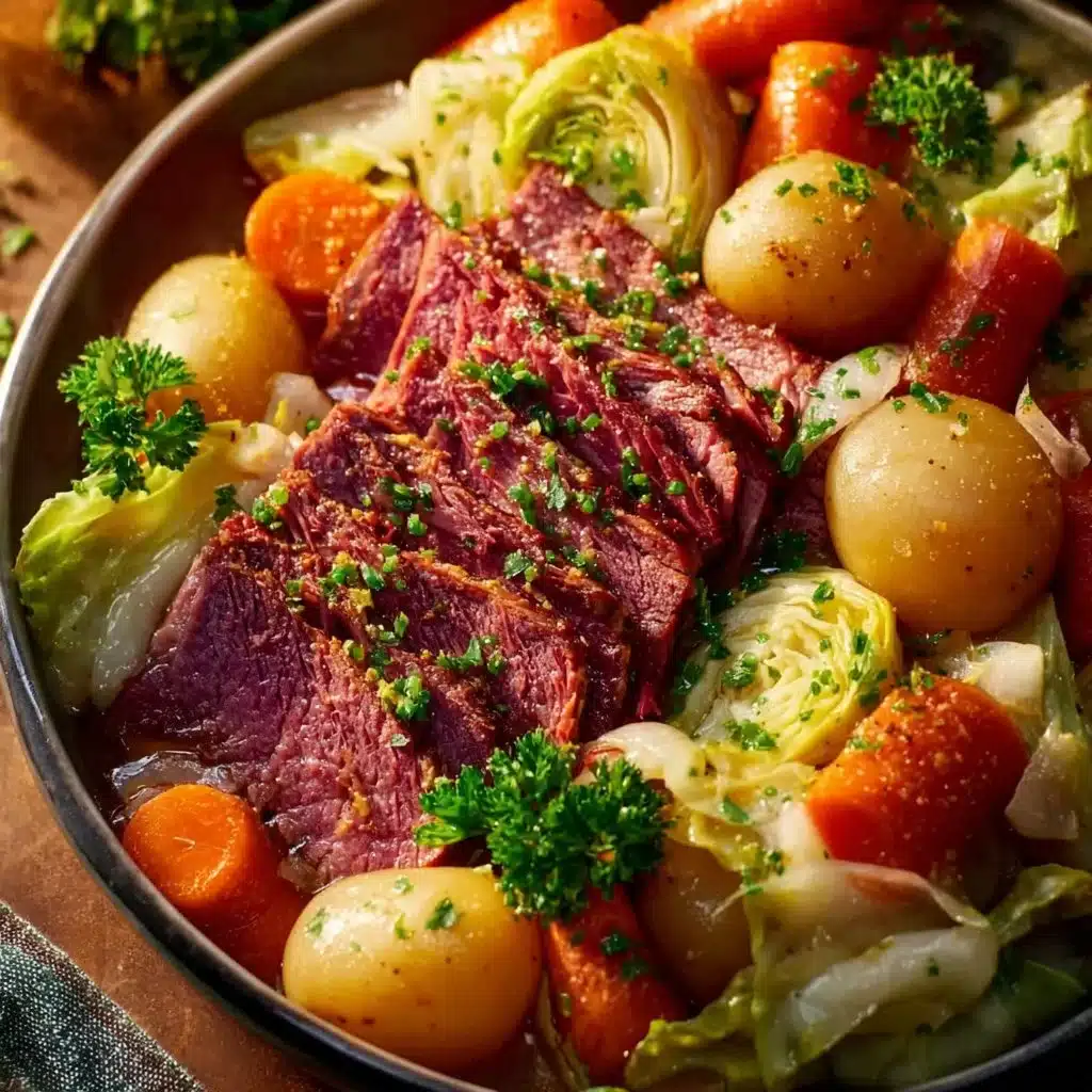 Slow cooker corned beef and cabbage ready to serve in a bowl