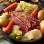 Delicious slow cooker corned beef and cabbage dish served on a plate.