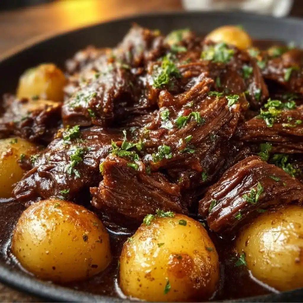 Slow Cooker Garlic Butter Beef served with tender potatoes