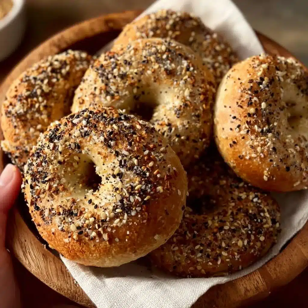 Freshly baked sourdough discard bagels with a golden crust and surface sprinkle