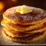 Fluffy churro pancakes drizzled with chocolate sauce and sprinkled with cinnamon sugar