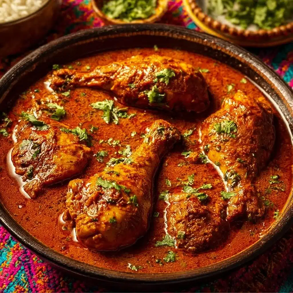 A bowl of spicy chicken curry served with rice and garnished with cilantro