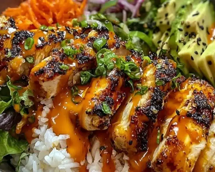 Spicy maple glazed chicken thighs garnished with herbs served with coconut rice