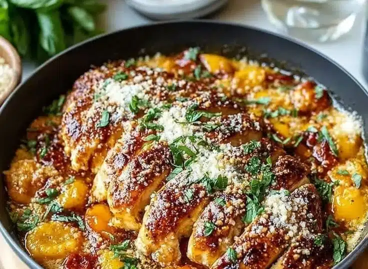Delicious Steakhouse Parmesan Chicken served with herbs