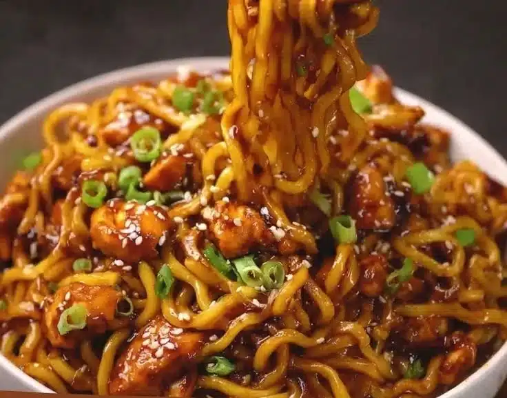 Delicious Sticky Garlic Chicken Noodles served in a bowl with vegetables.