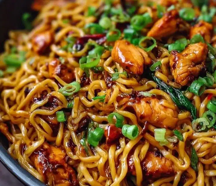 Delicious sticky garlic chicken noodles served in a bowl