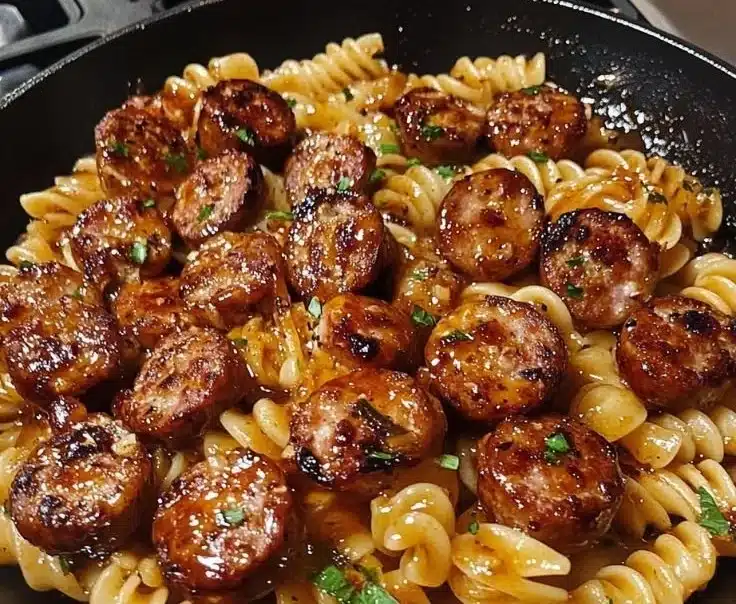 Sticky Honey Garlic Sausage Pasta Skillet