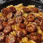 Delicious Sticky Honey Garlic Sausage Pasta Skillet dish served in a bowl