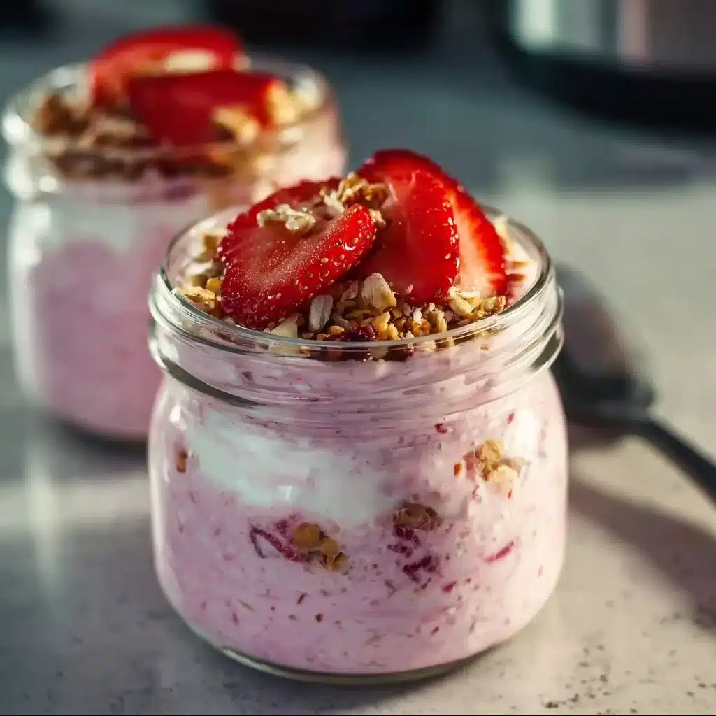 Delicious strawberries and cream overnight oats in a bowl