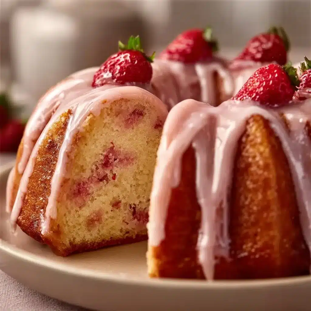 Slice of strawberry cream cheese pound cake on a plate with strawberries