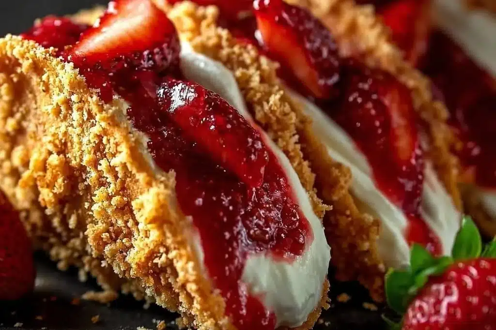 Strawberry crunch cheesecake tacos served with toppings and fresh strawberries.