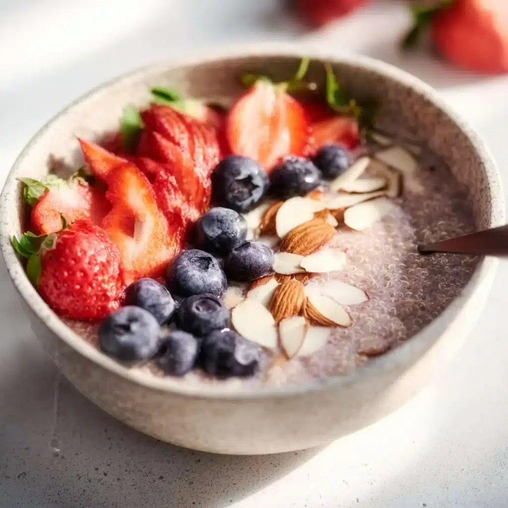 Healthy Strawberry Quinoa Breakfast Bowl topped with fresh strawberries and nuts