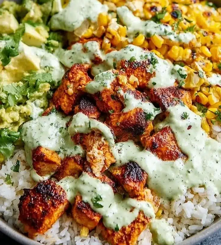 Street Corn Chicken Rice Bowl featuring chicken, rice, and corn toppings.